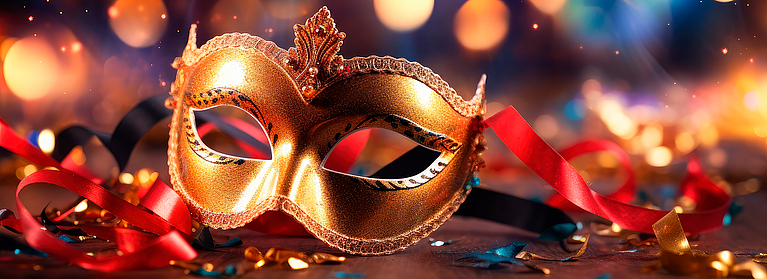 Ein Fasching Bild mit rot-schwarzen Akzenten und eine aus Gold bestehenden Maskenball Maske.