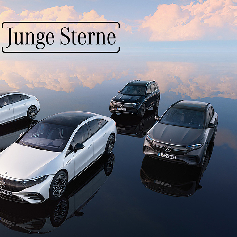 Auf dem Bild sind vier Mercedes-Benz Fahrzeuge, über denen steht "Mercedes-Benz Junge Sterne", links davon steht "Inzahlungnahmebonus, Ladeguthaben, bis zu 4.000 € Flexbonus & Zubehörleistungen (z. B. Felgen oder Kompletträder)"