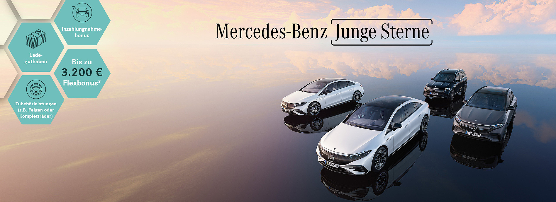 Auf dem Bild sind vier Mercedes-Benz Fahrzeuge, über denen steht "Mercedes-Benz Junge Sterne", links davon steht "Inzahlungnahmebonus, Ladeguthaben, bis zu 4.000 € Flexbonus & Zubehörleistungen (z. B. Felgen oder Kompletträder)"