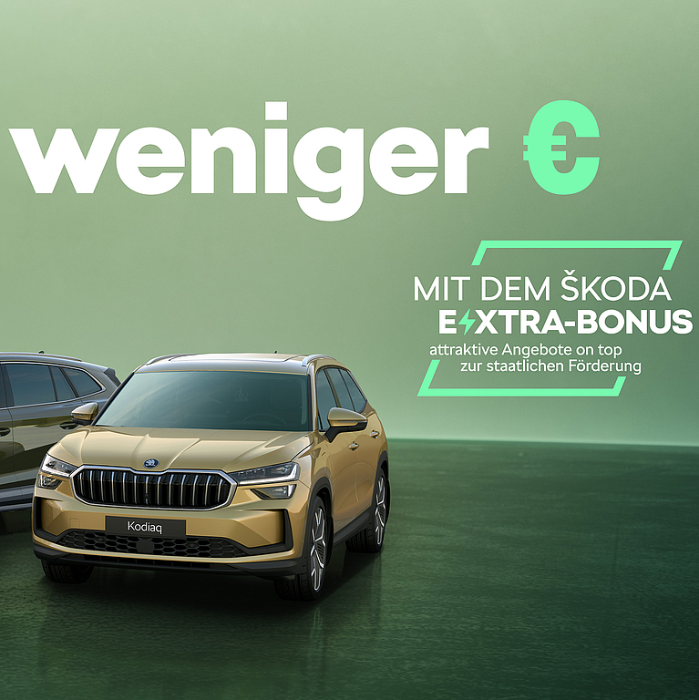 Auf dem Bild sind die Elektromodelle von Skoda zu sehen mit dem E-Xtra Bonus