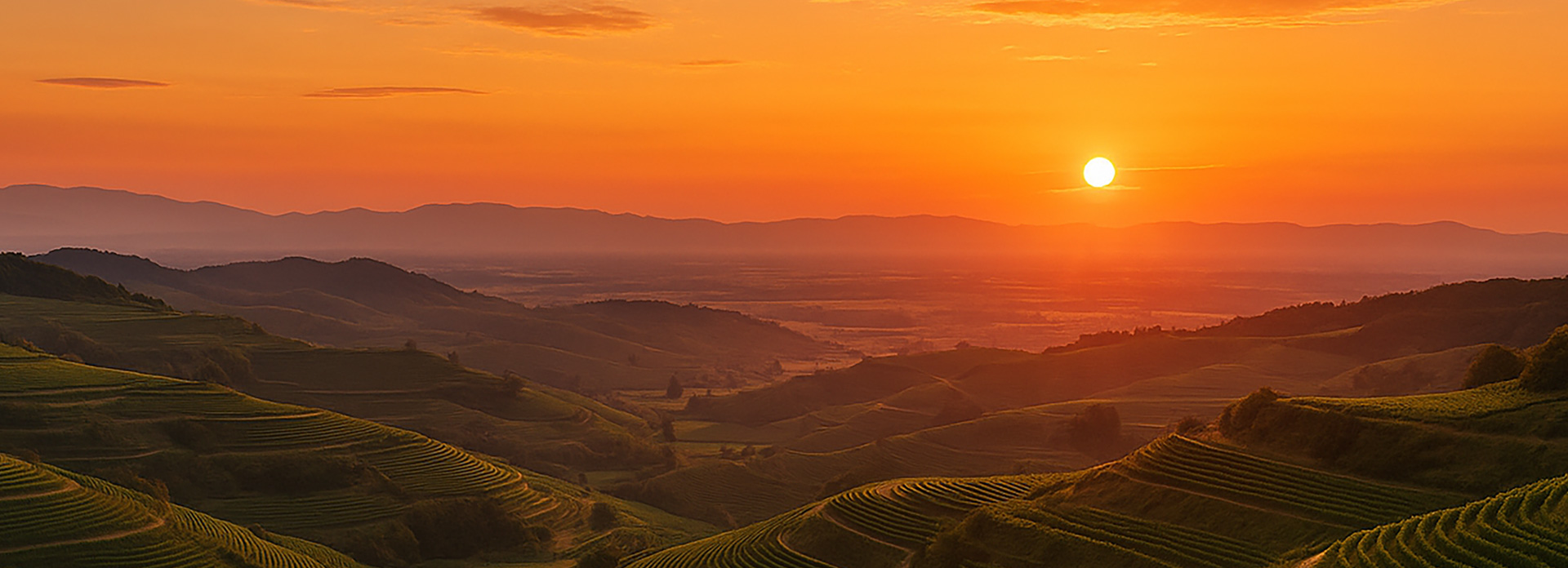 Ein orangener Sonnenuntergang über dem Panorama des Kaiserstuhls