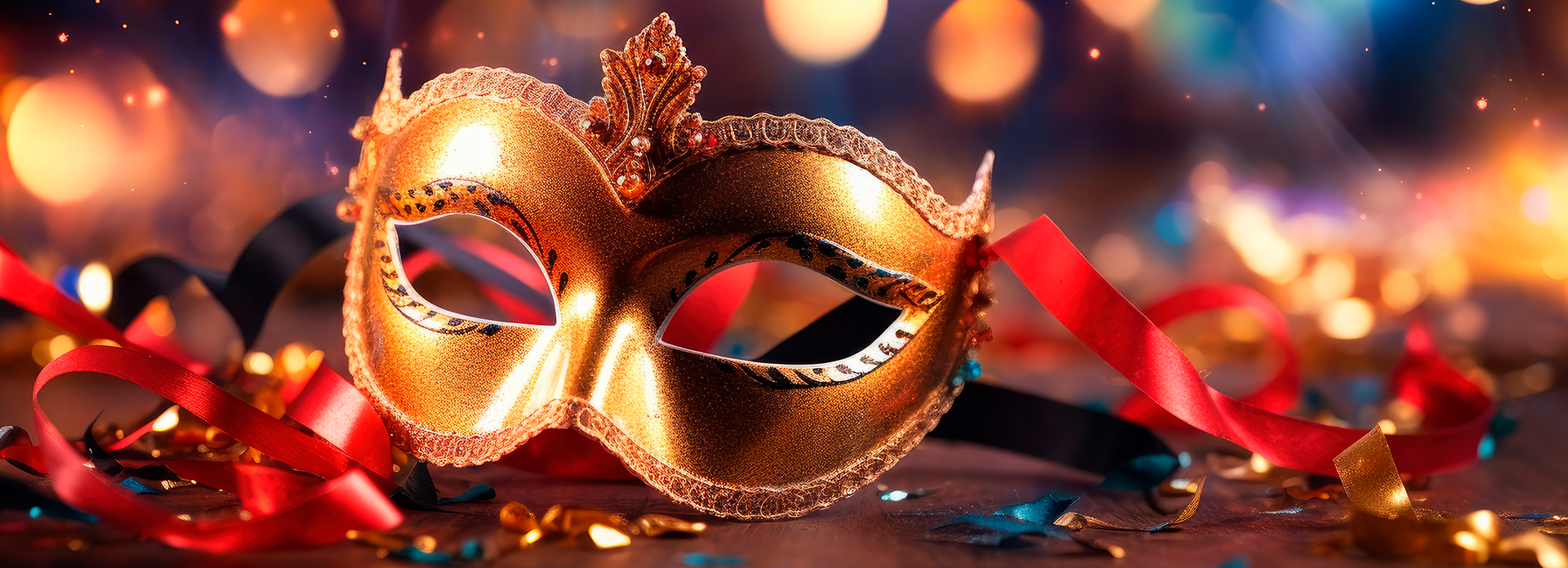 Ein Fasching Bild mit rot-schwarzen Akzenten und eine aus Gold bestehenden Maskenball Maske.